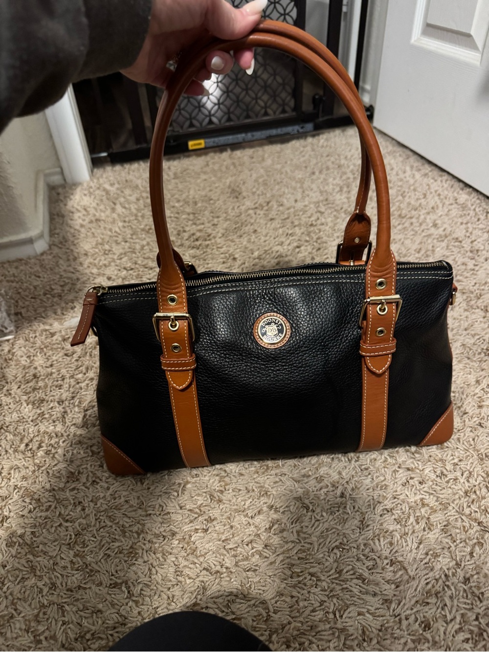 Dooney & Bourke Black Pebbled Leather Shoulder Bag with Tan Trim
